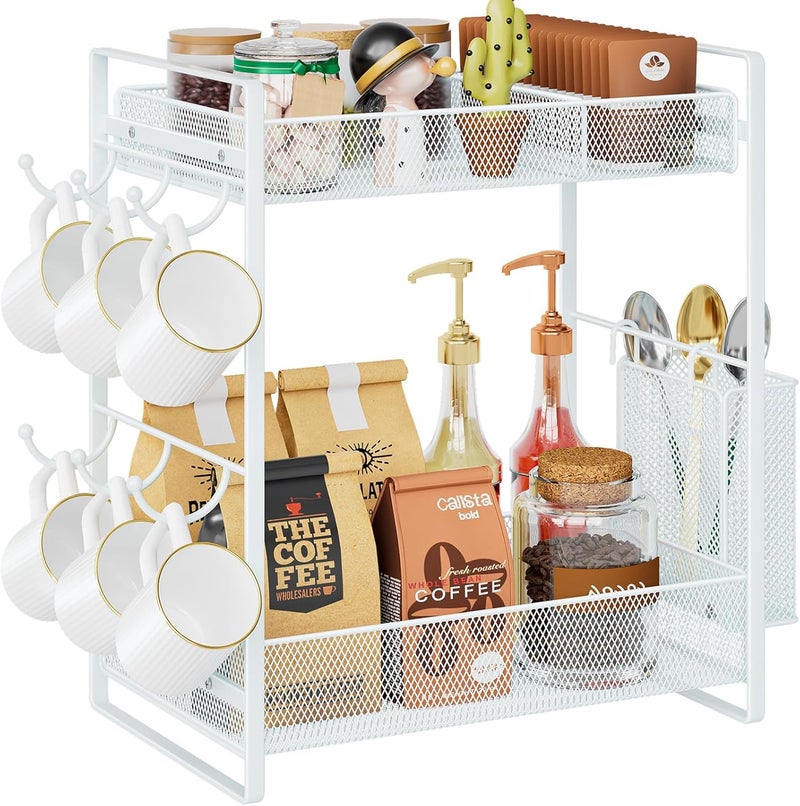 VITVITI Coffee Bar Organizer with Mug Holder, Metal Coffee Station Organizer for Countertop, 2 Tier Cup Mug Holders Rack with Basket for Kitchen Office, White - Image 1